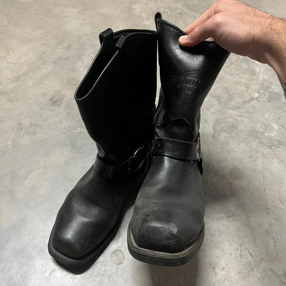 Red Wing 969 Mens Black Leather Harness Boots Square Toe Vibram Sole 13 E2 USA